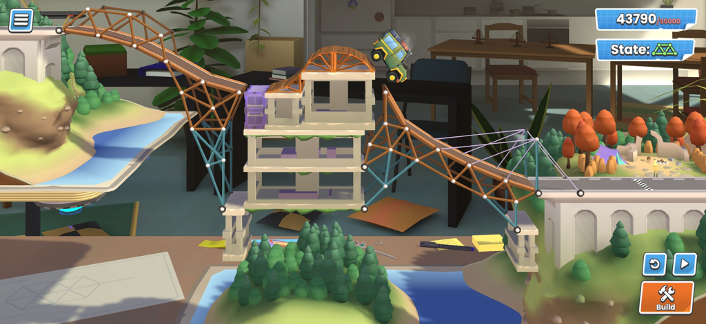 Bridge Constructor Studio - Ein Fahrzeug fährt über eine benutzerdefinierte Brücke in einer 3D-Diorama-Physiksimulation