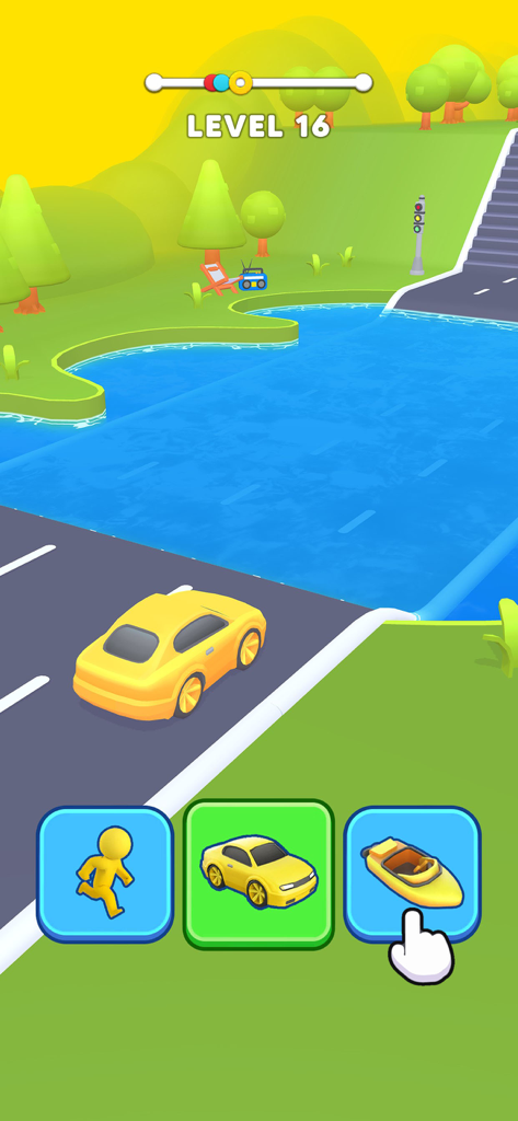 Shape Shifter: Shifting Race - Shape Shifterゲームで、黄色い車が水辺に近づき、ランナーまたはボートへの変身オプションが表示されている様子