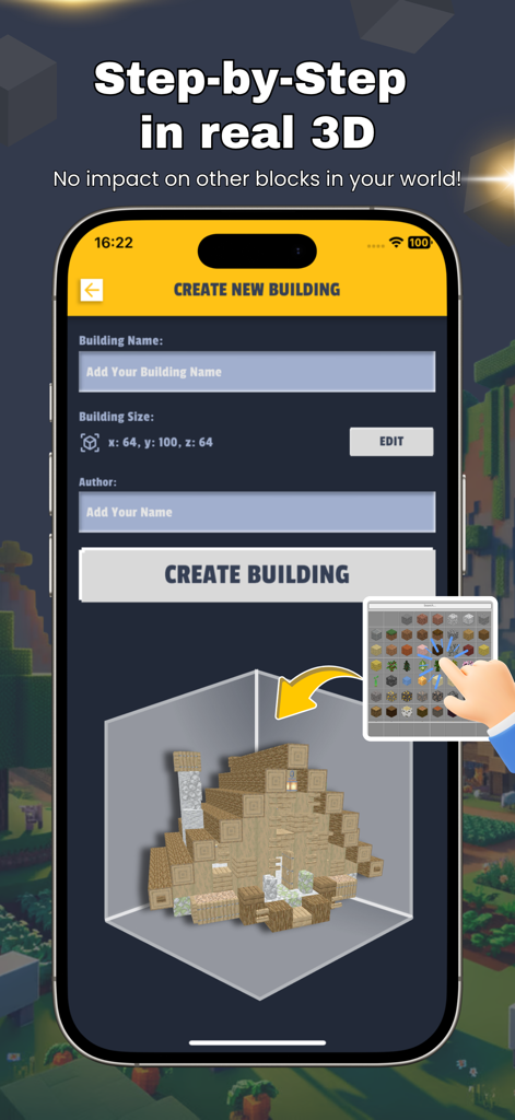 Interface of the Master Builder for Minecraft app showing a 3D building creation tool with a wooden house model