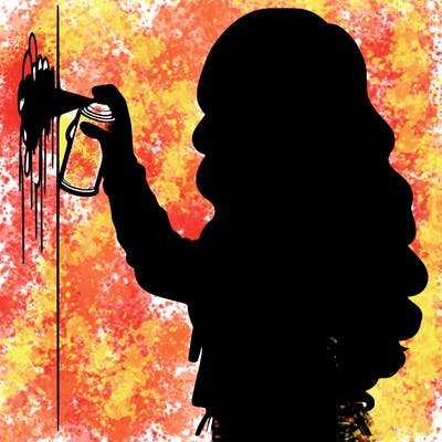 realistic girl with mask spray painting a wall