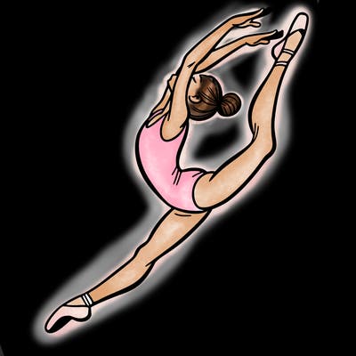 gymnast doing a leap in a leotard with a bent back leg