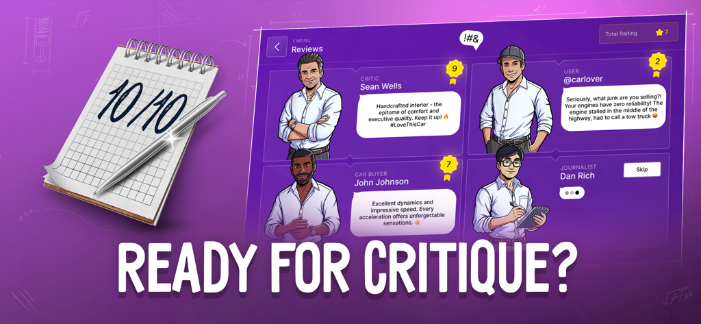 Pantalla del juego Magnate de Empresas de Coches que muestra comentarios y valoraciones de críticos y compradores de automóviles