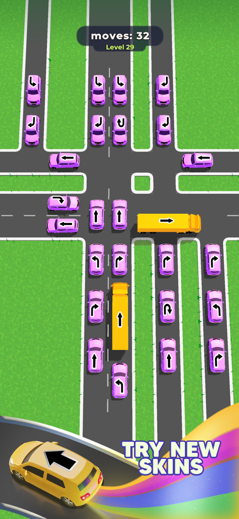 Traffic Escape! - Una captura de pantalla del juego móvil Traffic Escape que muestra una cuadrícula de puzle de tráfico con coches morados y camiones amarillos y un banner para probar nuevas apariencias de vehículos.