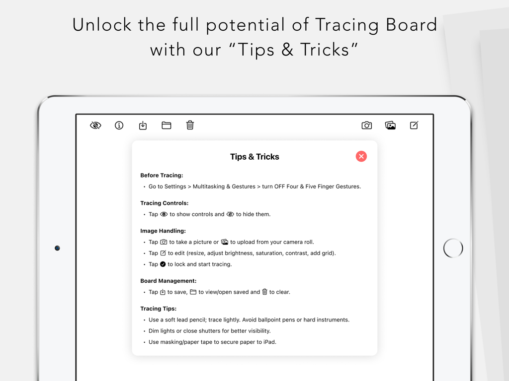 Tracing Board | Lightbox - Tips and Tricks menu in the Tracing Board app on iPad showing tracing and image handling instructions