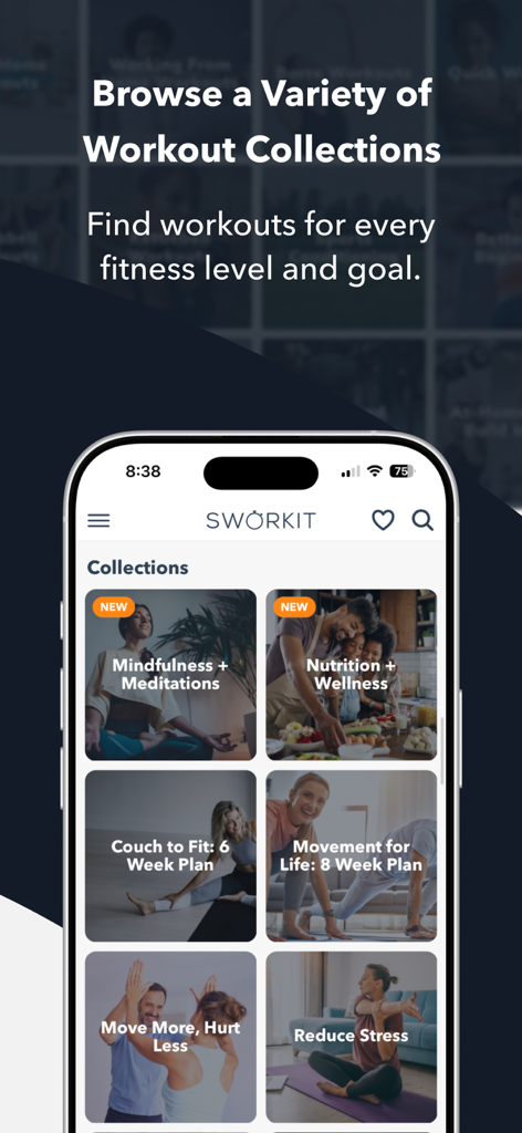 Sworkit Fitness & Wellness App - Sworkitのワークアウトコレクション（フィットネス、瞑想、栄養）を表示するモバイル画面