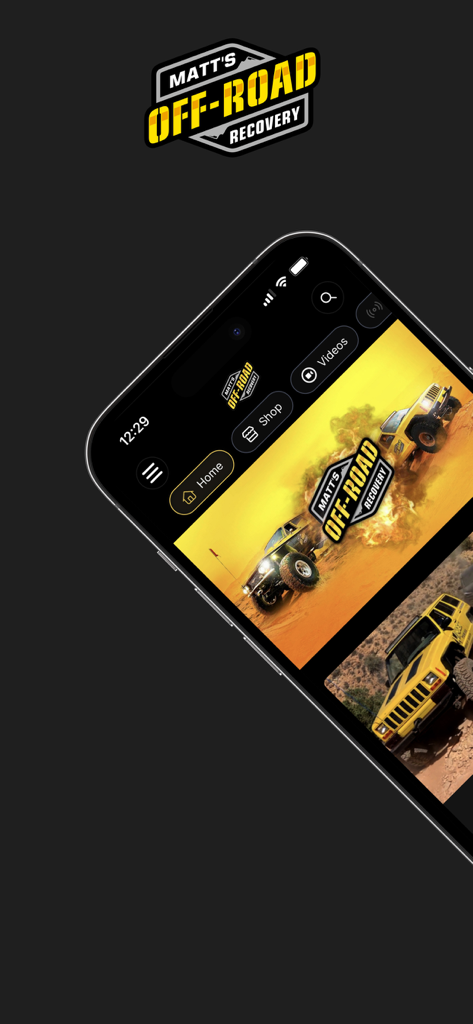 Tela de smartphone exibindo o aplicativo Matt's Off-Road Recovery com vídeos de veículos e menu de navegação.