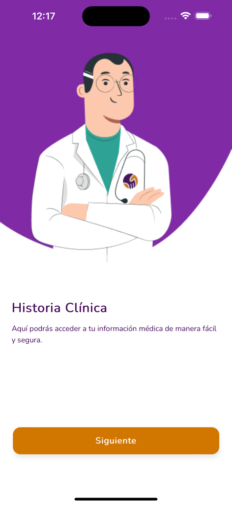 Écran d'accueil de l'application du portail patient San Pablo montrant une illustration de médecin et des informations d'accès à l'historique clinique
