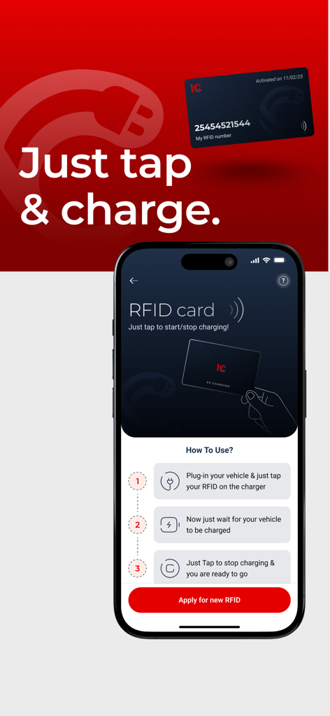 1C EV Charging - Mobile App-Oberfläche, die drei Schritte zur Verwendung einer RFID-Karte zum Aufladen von Elektrofahrzeugen zeigt