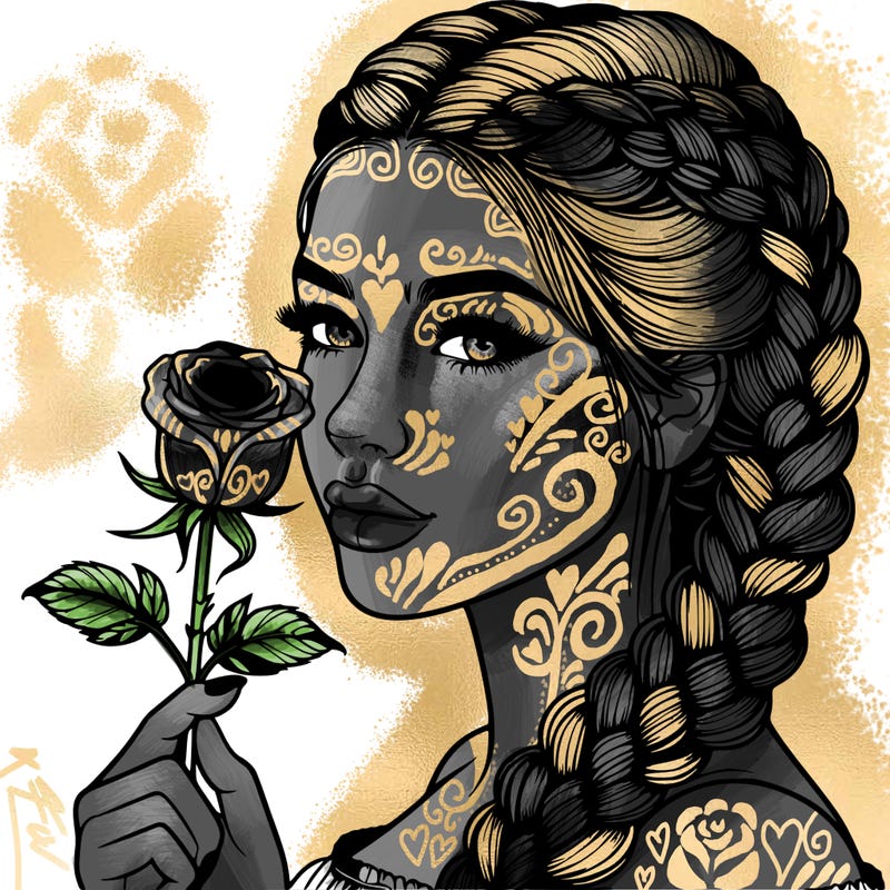 realistic woman with braids holding a single rose