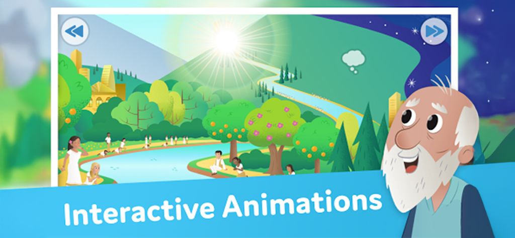Interactive animations and colorful illustrations from the Bible App for Kids showing a biblical scene