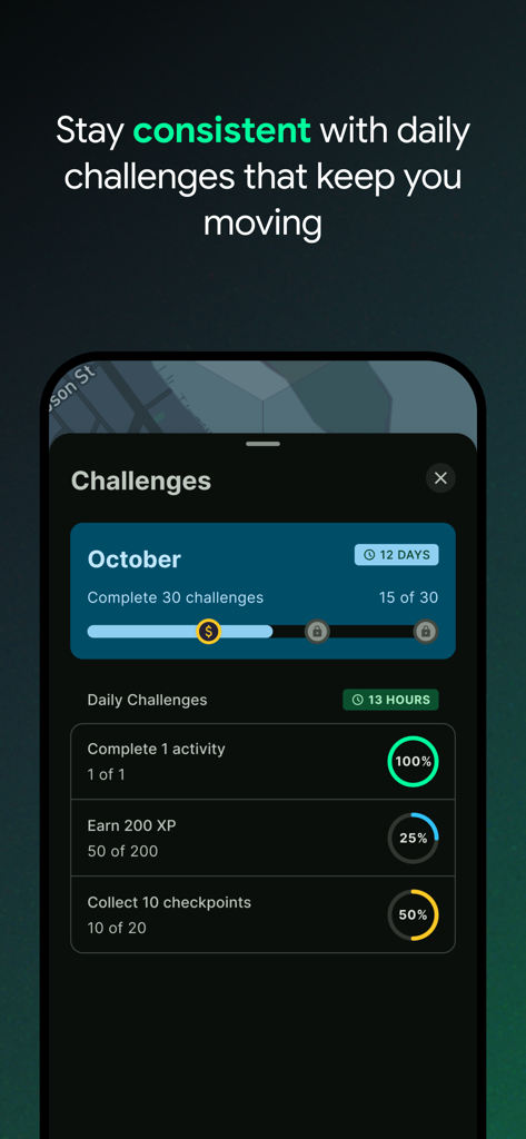 District: The Running Game - Districtランニングゲームのチャレンジ画面、フィットネスの進捗状況と毎日の目標が表示されています