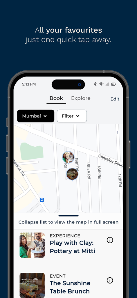 Urbanaut: Local Experiences - Urbanaut app interface showing a map of Mumbai with curated local experiences including pottery classes and brunch events.