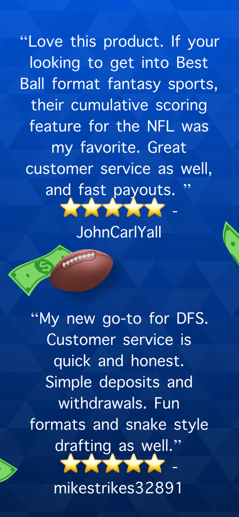 Fünf-Sterne-Kundenbewertungen und Testimonials für die Drafters Fantasy Sports App