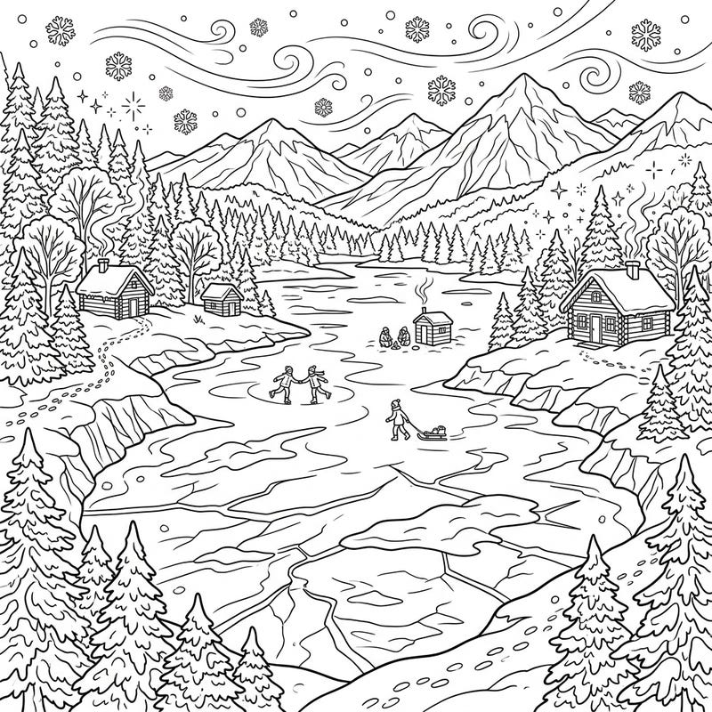 Explore a breathtaking winter wonderland at an Endorheic Lake, complete with ice skaters and cozy cabins. This intricate coloring page captures the magic of a snowy day, perfect for all ages to enjoy creative relaxation.