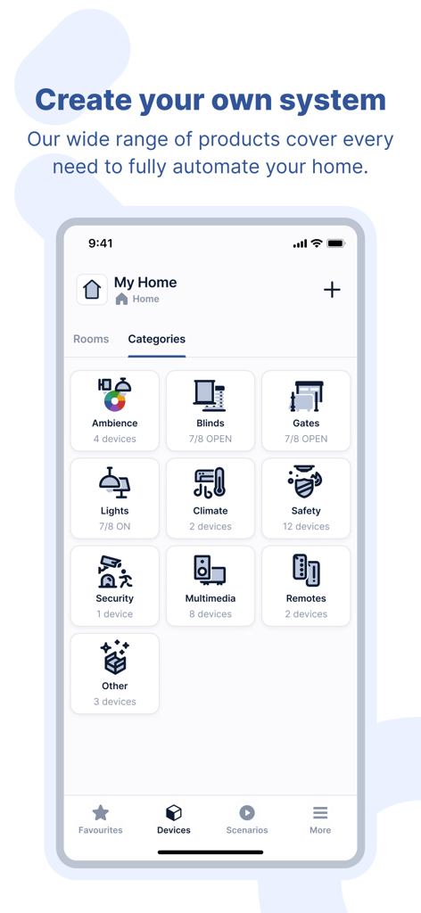 Yubii Home - Yubii Home app interface displaying smart home device categories including lighting and security
