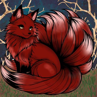 realistic detailed 9 tailed anime fox
