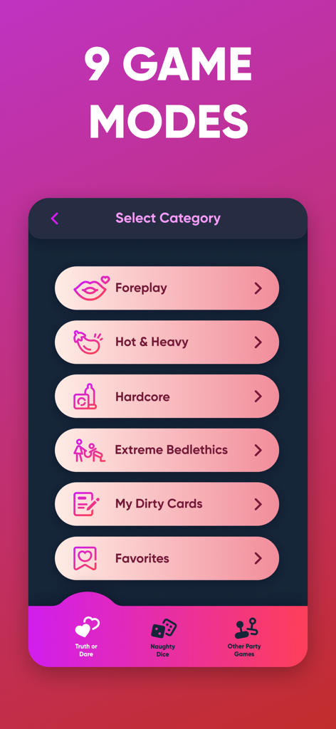 Screenshot of Sexify app showing game modes including Foreplay, Hot and Heavy, and Extreme Bedletics