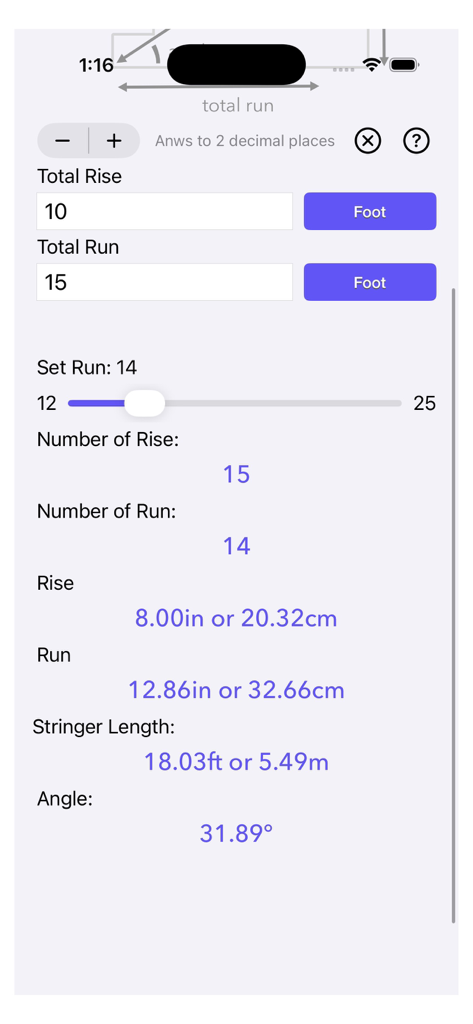 Mobile app interface of Stair Calculator Plus showing calculated rise, run, stringer length, and angle