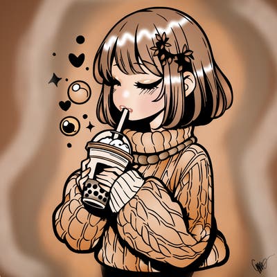 manga girl drinking boba in cozy sweater