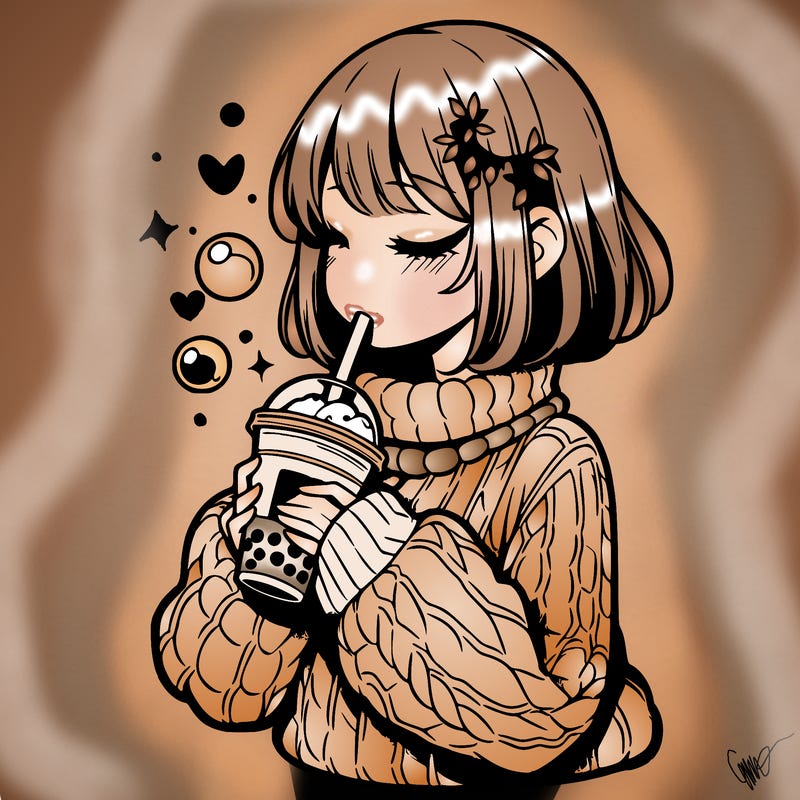 manga girl drinking boba in cozy sweater