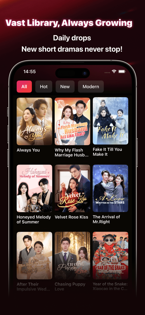 RapidTV - Interfaccia dell'app mobile RapidTV che mostra una vasta libreria di brevi drammi con vari poster di film romantici e moderni