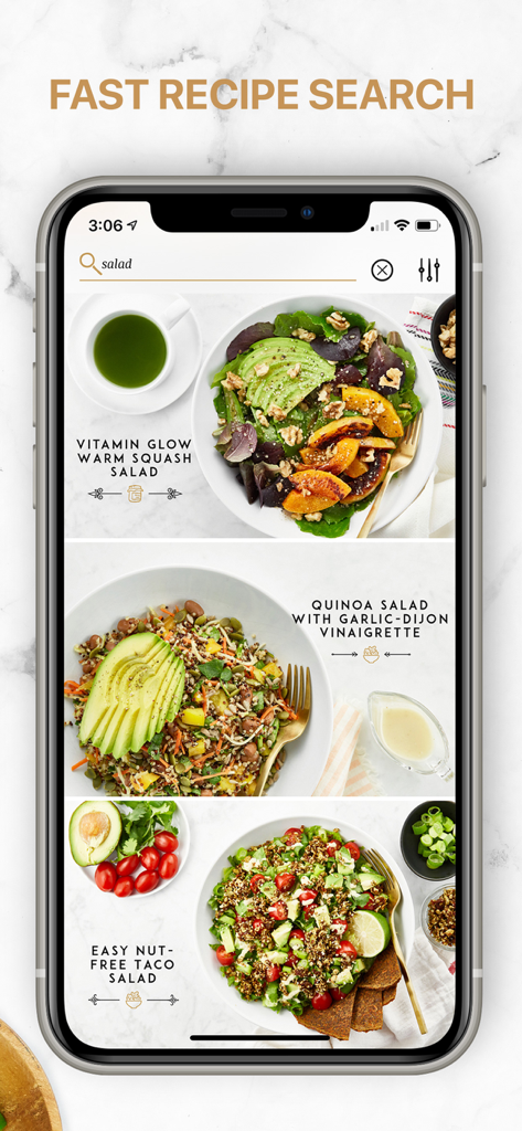 Smartphone screen showing a recipe search for salads in the Oh She Glows plant-based recipe app
