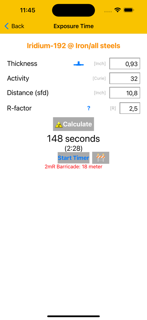 Gamma Calculator Pro app interface showing exposure time calculation for Iridium-192 on steel
