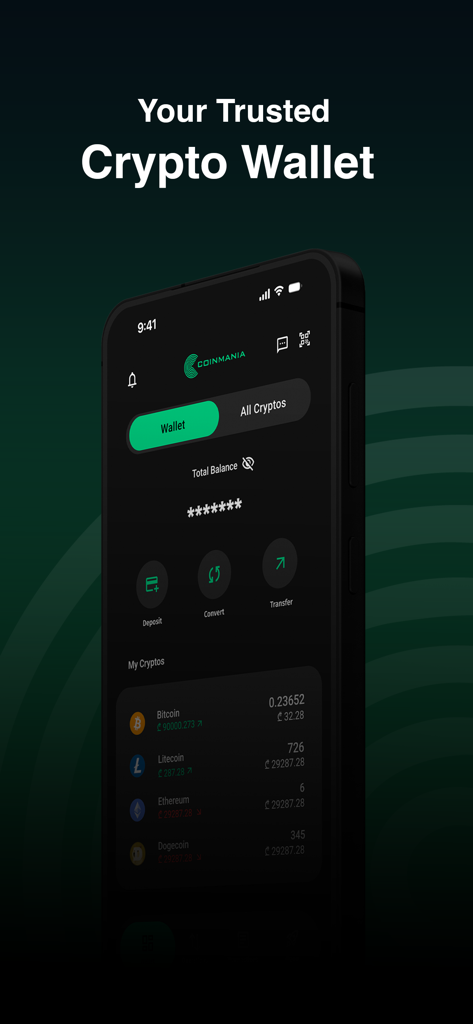 Screenshot of the Coinmania app displaying a secure multi-asset crypto wallet interface with Bitcoin and Ethereum balances.