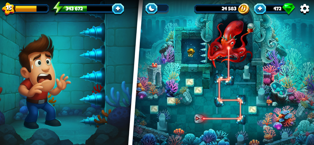 Diggy encountering traps and solving an underwater laser puzzle with a giant octopus.