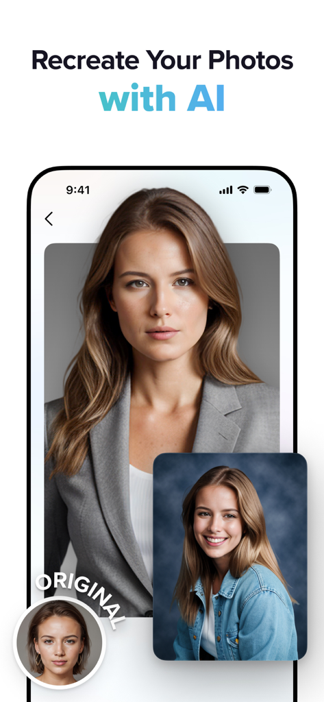 Fancy AI: AI Logo&Avatar Maker - Fancy AI app interface showing a woman's portrait transformed into a professional headshot and a 90s yearbook photo.
