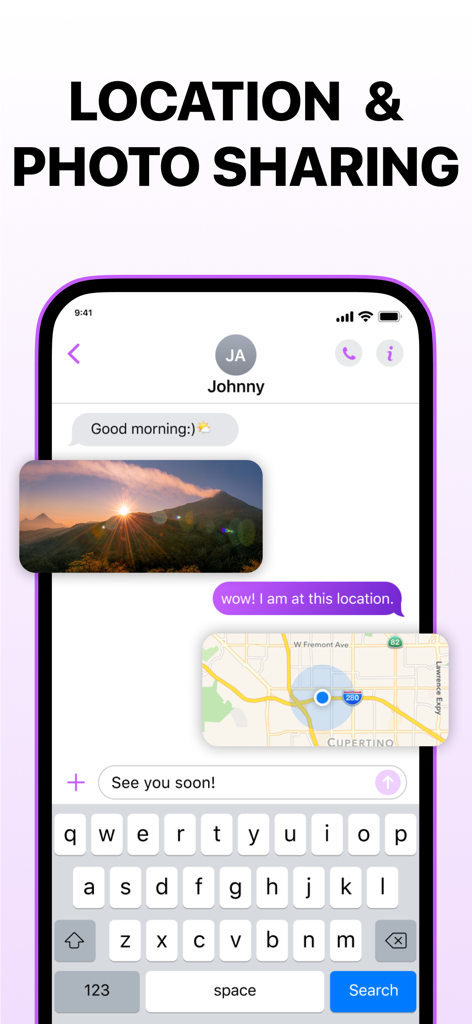 Interface of the Free Text app showing a conversation with shared photos and a map location for messaging.