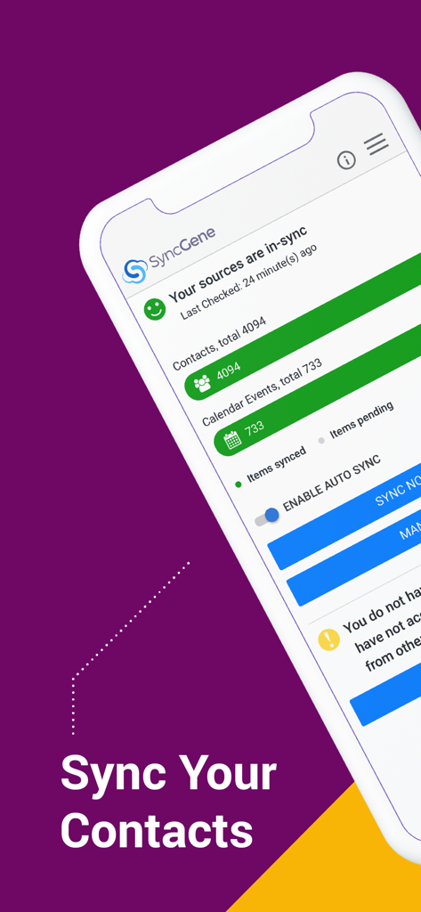 SyncGene app dashboard displaying synchronized contacts and calendar events.