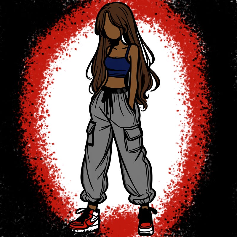 girl in baggy pants crop top and long hair