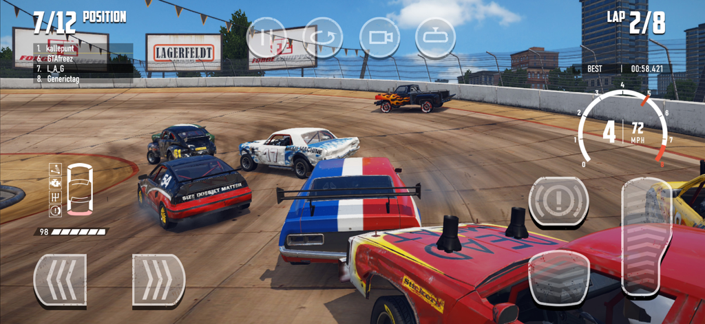 Gameplay screenshot of cars racing on a demolition derby track in Wreckfest with on-screen controls.