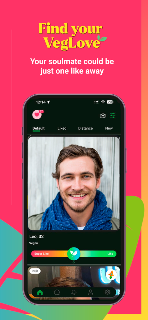 A screenshot of the Veggly dating app showing a vegan male profile and the tagline Find your VegLove