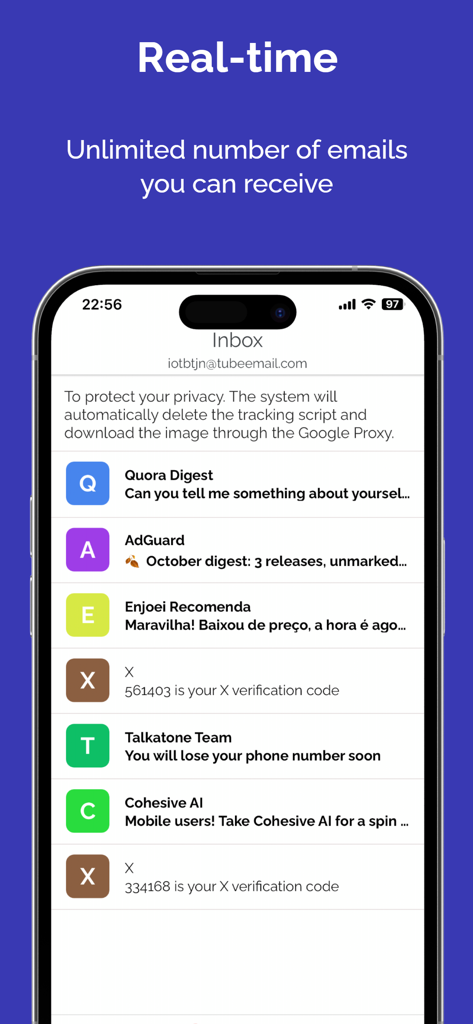 Écran de la boîte de réception de l'application Temp Mail montrant les e-mails reçus et un avis de protection de la vie privée