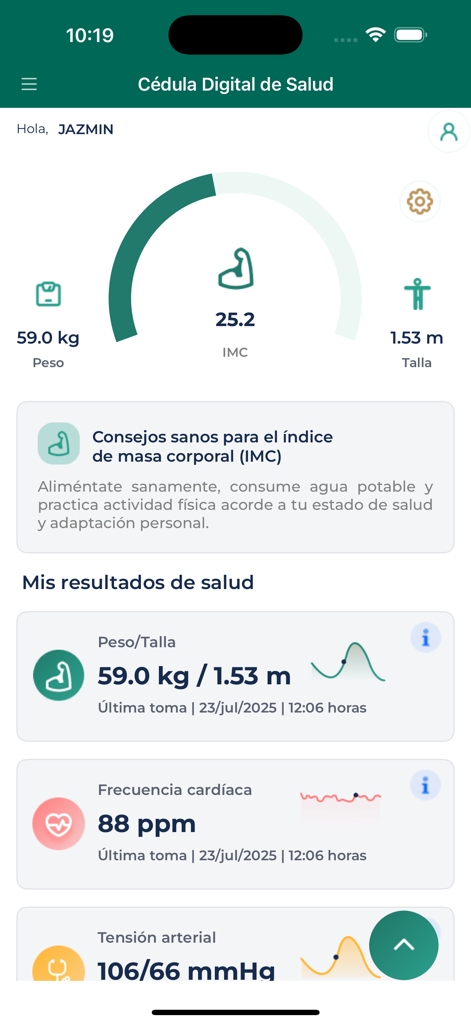 Tela do aplicativo IMSS Digital mostrando métricas de saúde, incluindo resultados de peso, altura e índice de massa corporal