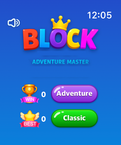 Block Blast:watch puzzle game! - Menú principal del juego de puzzle para Watch Block Blast que muestra los modos Aventura y Clásico sobre un fondo azul.