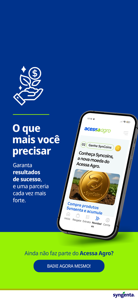 Acessa Agro - Um gráfico promocional para o aplicativo Acessa Agro da Syngenta com o programa de recompensas SynCoins