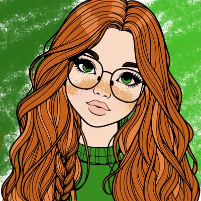 girl with long hair and freckles and glasses realistic