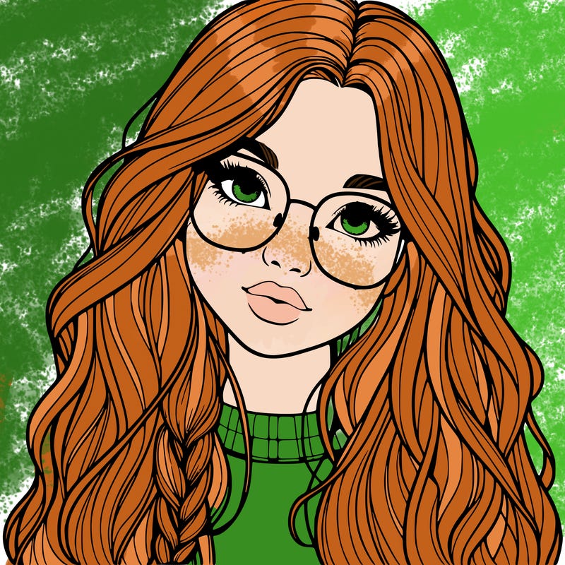 girl with long hair and freckles and glasses realistic
