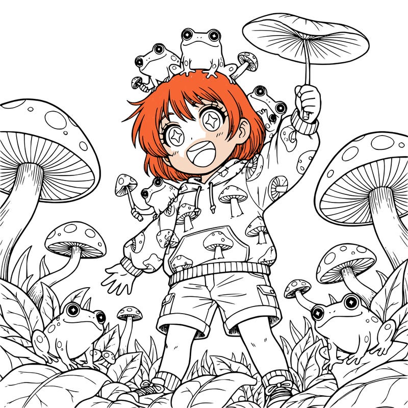 a girl with short hair and mushrooms and frogs lea