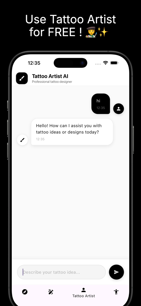 Chat interface of the BlackInk AI Tattoo Generator showing a virtual artist assistant for custom designs