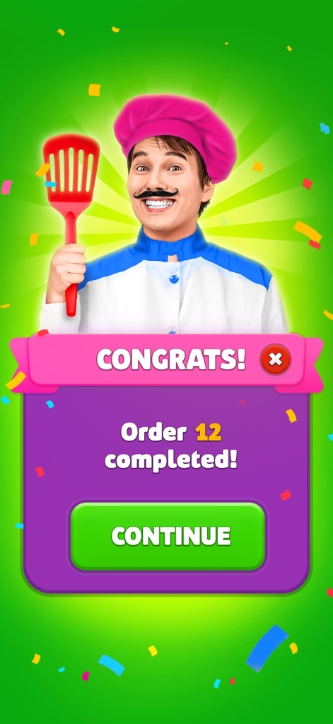 A chef character celebrating a completed order level in the Multi DO Sort puzzle game.