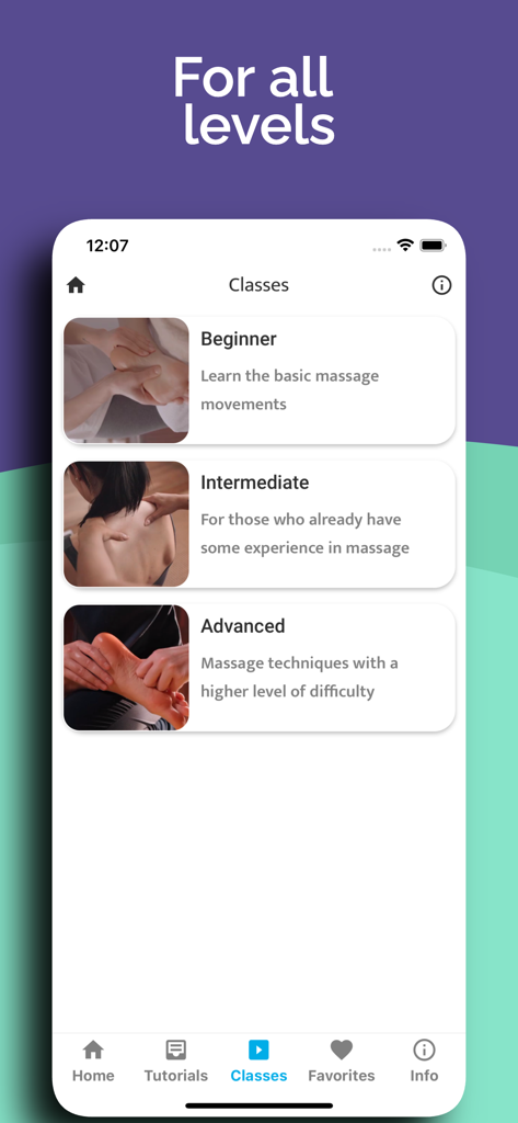 Massage: Lessons & Techniques - Pantalla de la aplicación de masaje mostrando clases para principiantes, intermedios y avanzados.