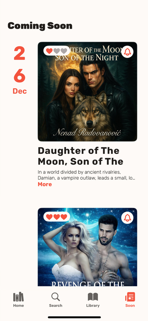 Amora: Novels & Audiobooks - Amora app Coming Soon screen showing upcoming romance book titles and covers