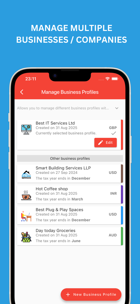 Interface of the Invoice Simple app showing a list of different business profiles to manage in one place.