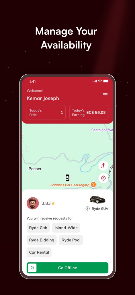 Ryde Dymond Driver - Ryde Dymond Driver 앱 인터페이스에 일일 수입 지도 및 서비스 가능 여부 옵션 표시