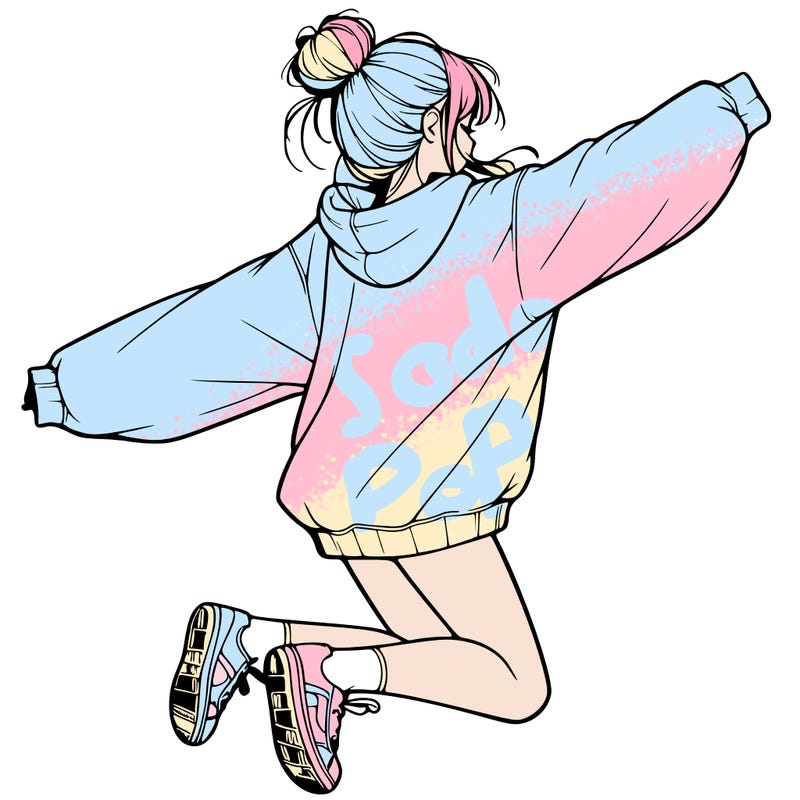 realistic girl jumping with a bun and oversized sweatshirt