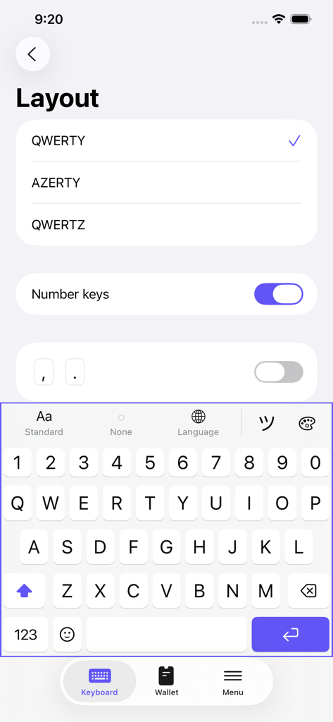 Interface of the Cool Fonts+ app showing keyboard layout settings with options for QWERTY, AZERTY, and QWERTZ layouts